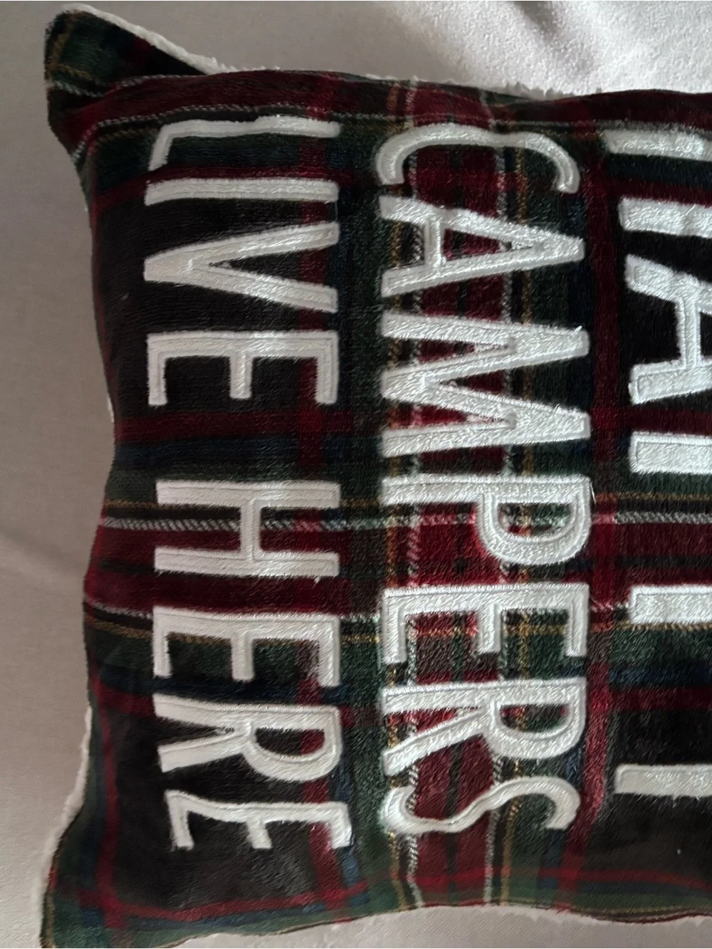 Plaid Holiday 'Champagne & Love Here' Decorative Throw Pillow - Red/Green